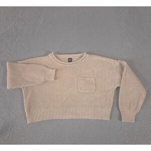 Gap Sweater Womens M Tan Shaker-Stitch Pocket Cotton Cropped Balloon Sleeve Knit